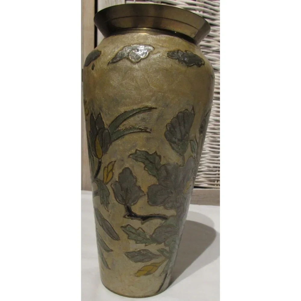 Vintage vase cloisonne enamel on copper floral design gold color flowers